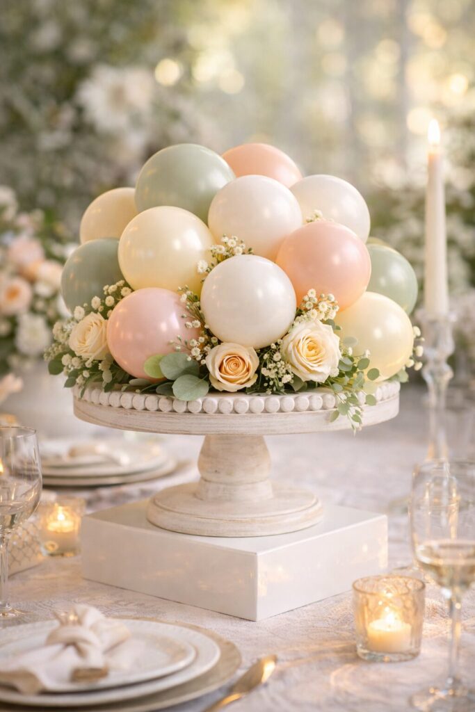 Pastel balloons and flower centerpiece on whitewashed wood stand in the middle of a dining table dressed up for a party
