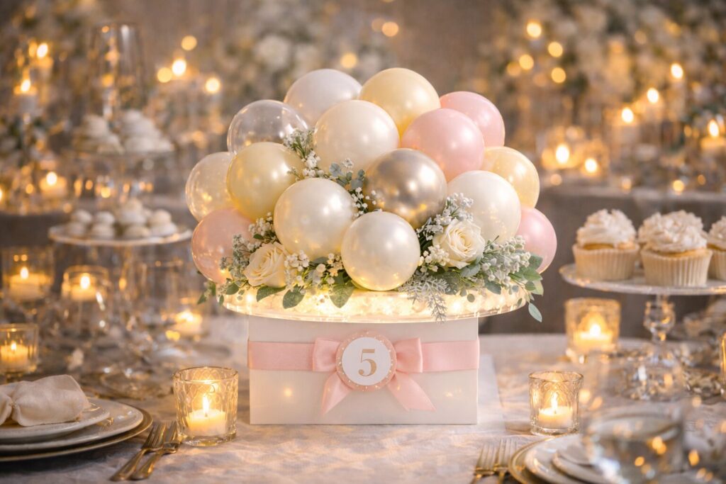 Pink and cream and gold balloon and roses centerpiece on white riser decorated with pink ribbon and table number on party dining table