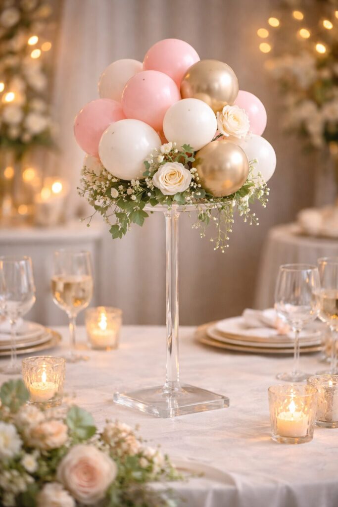 Pink gold white balloon centerpiece acrylic stand