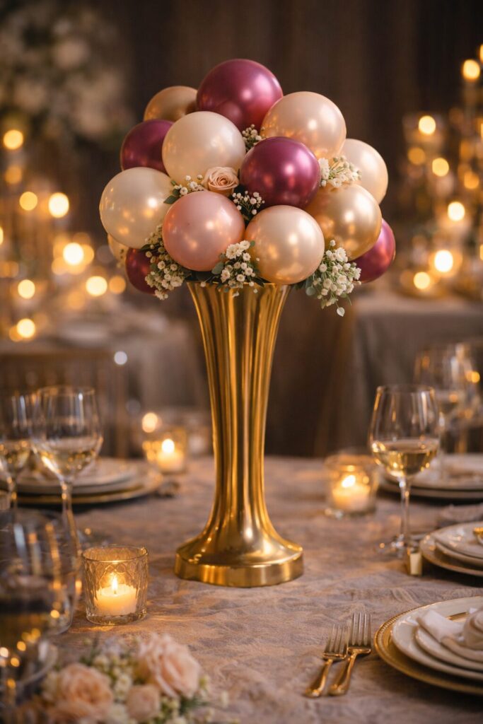 Rasberry and cream balloon centerpiece in gold fluted vase with babys breath and pink roses