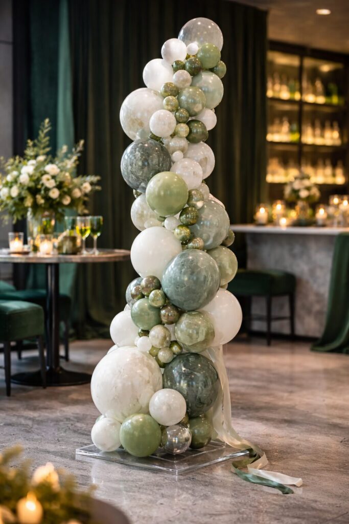 Tall white and green marbled balloon column
