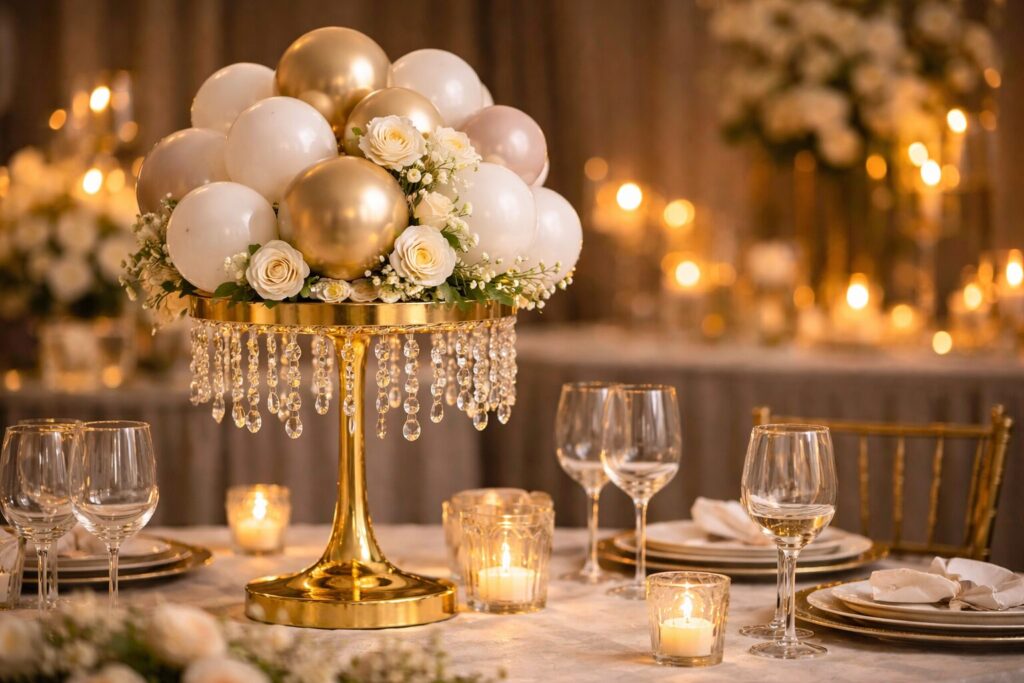 Small white and gold metallic balloons with roses and baby's breath as a party table centerpiece on a gold and crystal cake stand.