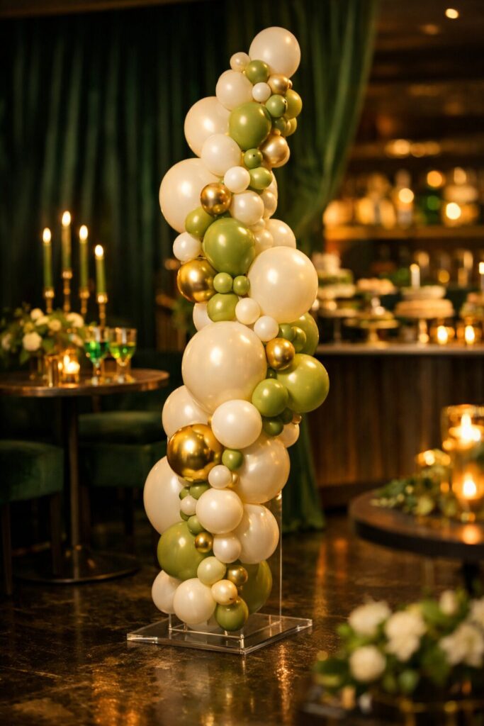 modern tall spiral column of large white balloons and smaller ones in moss green and gold on a clear acrylic stand